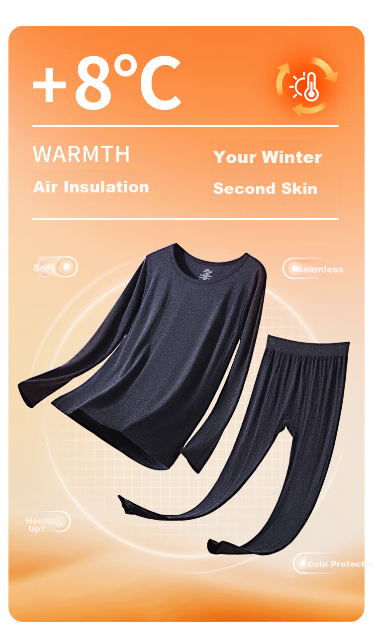 LangSha Men's Acrylic Thermal Seamless Round Neck Breathable Thin Warm Base Layer Set 3