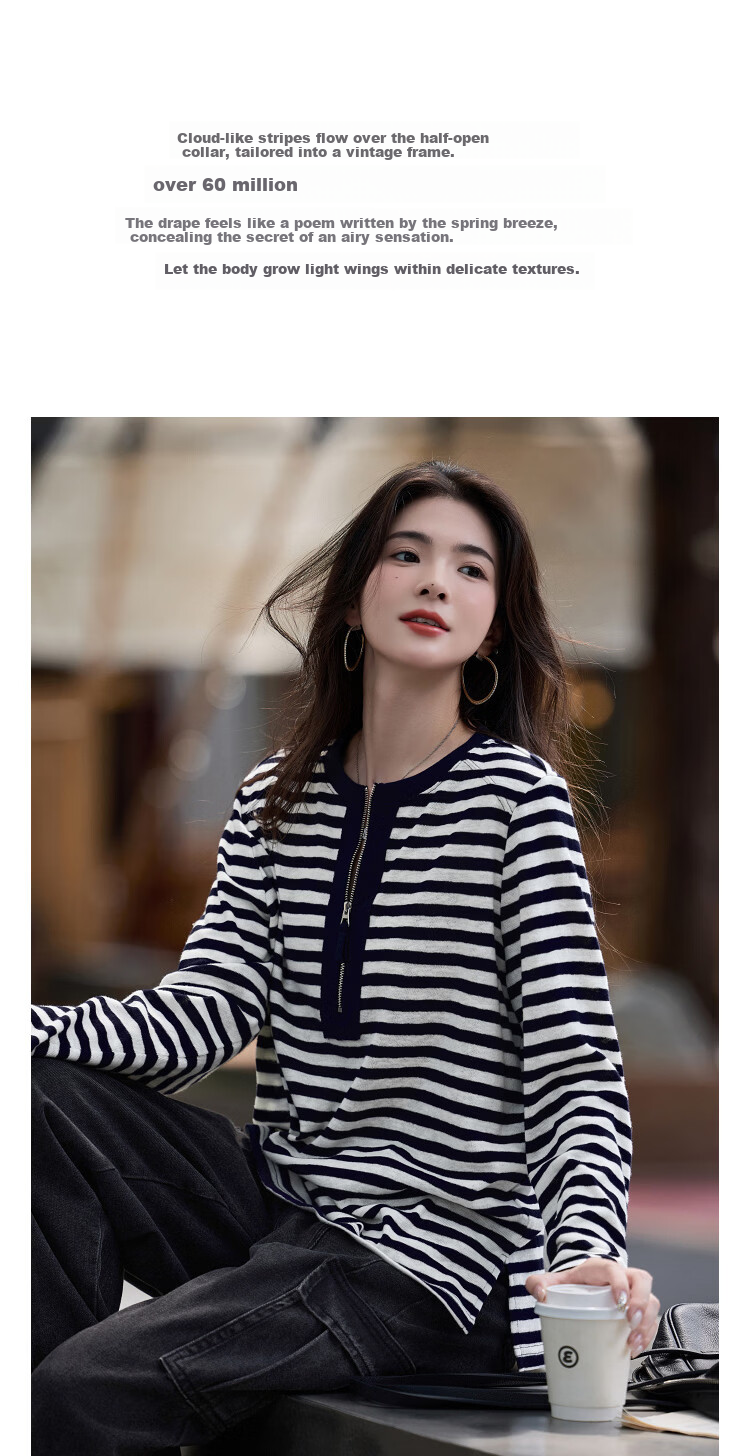 Demana [Cloud Soft Cotton] Spring Retro Striped Half-Placket Colorblock Long Sleeve Petite Women's T-Shirt 1