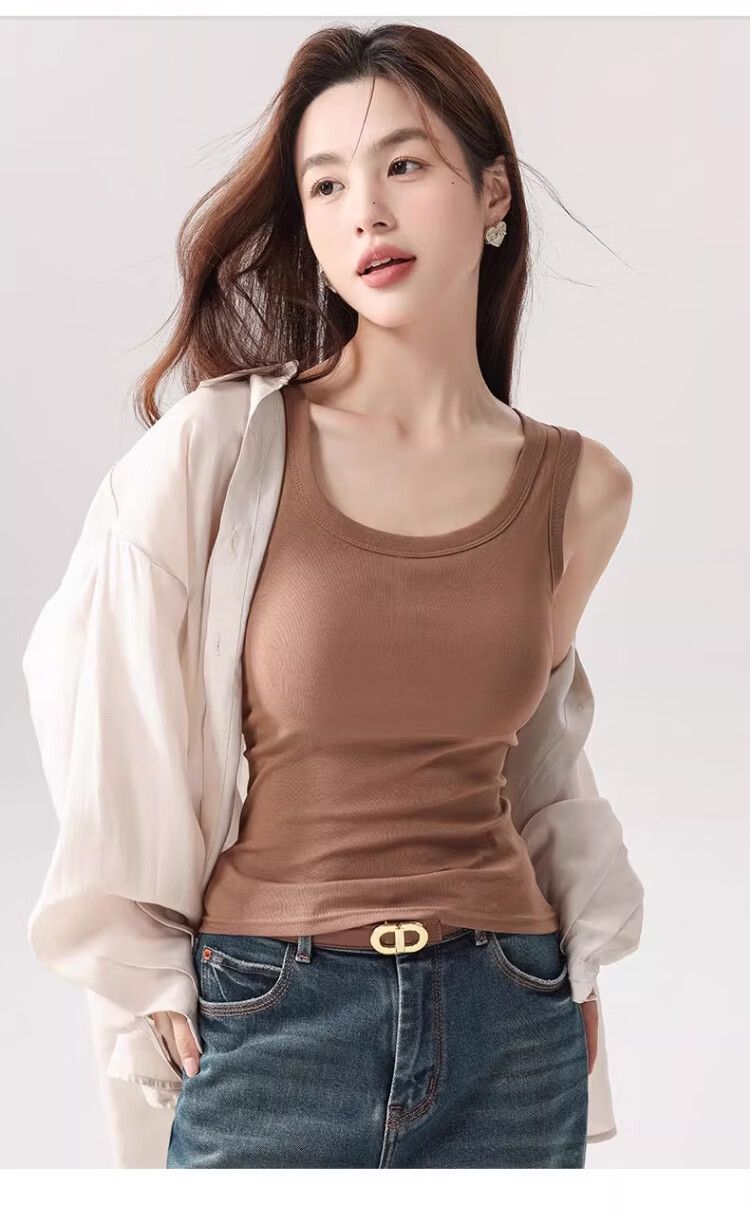 Caiyue Women's Spring Summer Thin Breathable Slim Fit Ribbed Sleeveless Wide Shoulder Tank Top with Side Coverage High Elasticity 12