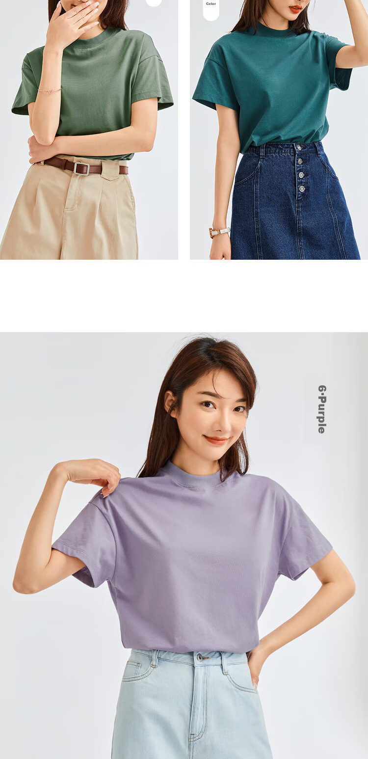 Giordano Women's T-Shirt, Pure Cotton, Skin-Friendly, Elegant Blouse, Comfortable Loose-Fitting Turtleneck Top, Short Sleeve, 05322396 14