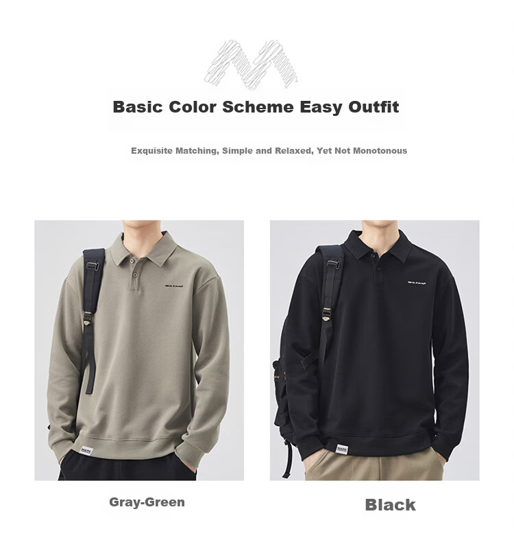 MARK FAIRWHALE Men's Sweatshirt Spring and Autumn Loose Casual Long Sleeve T-Shirt Men's Polo Collar Jacket Gray Green 3XL 2