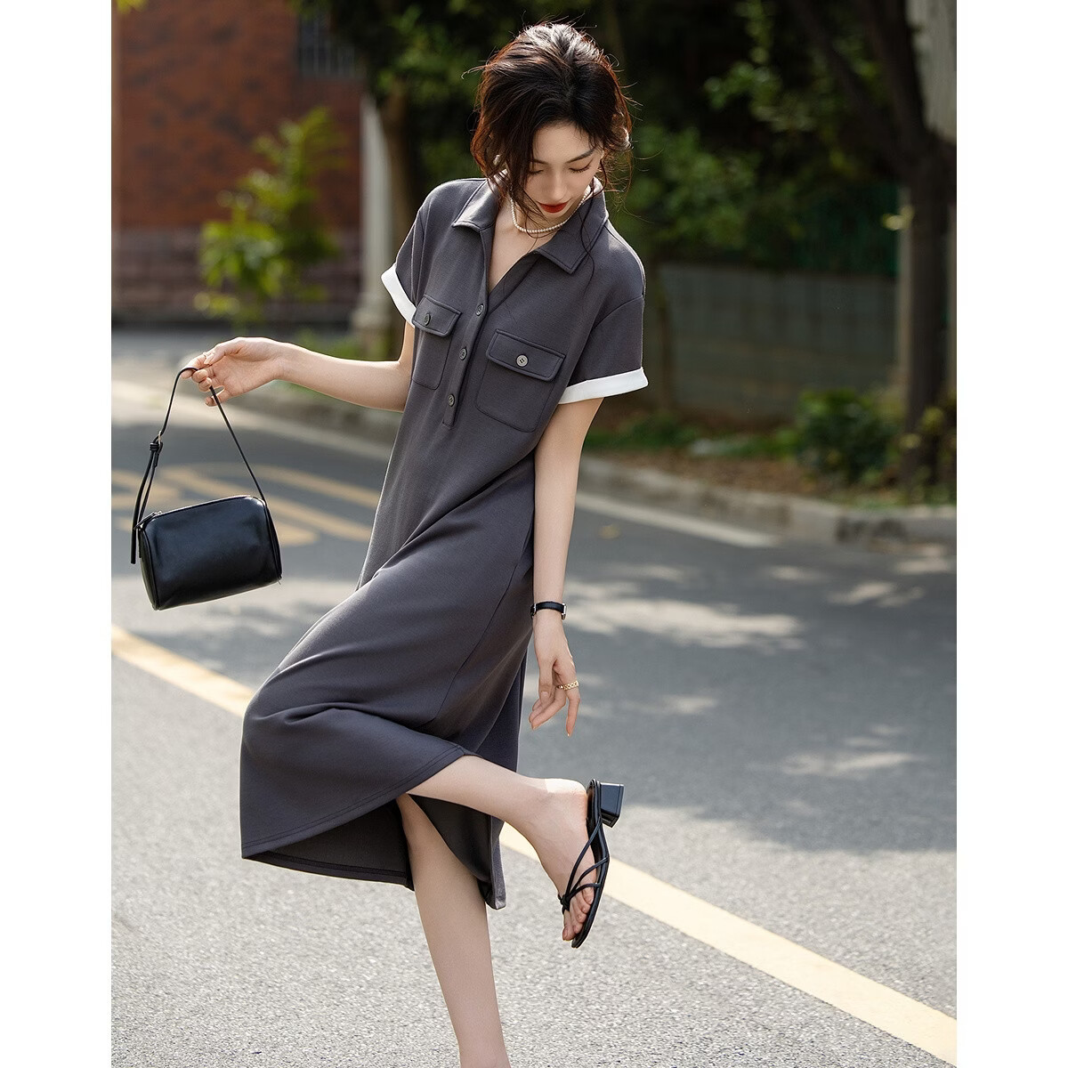 Demana Minimalist Daily Summer Commuter V-Neck Half-Placket Pocket Loose Slim Dress for Women Premium Feel