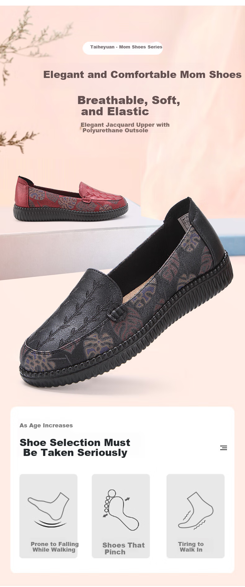 Taiheyuan Spring and Autumn Soft Sole Comfortable Breathable Lightweight Non-Slip Soft Sole Elderly Slip-On Loafers for Older Women 2