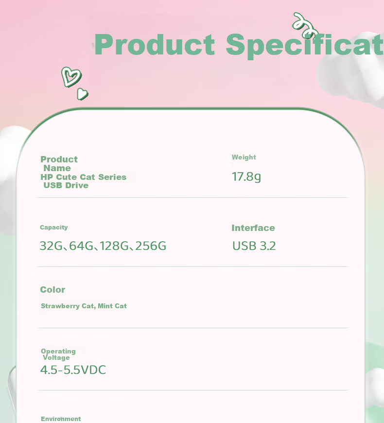 HP 64GB USB 3.2 Mint Meow High-Speed Metal USB Flash Drive Cute Couple Student Data Backup Office USB Drive Up to 230MB/s 16