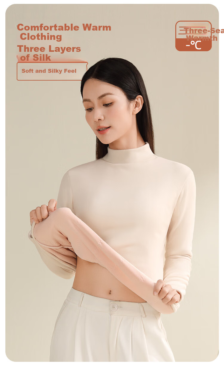 Tingmei [Triple Silk] Fleece-Lined Thickened Half Turtleneck Base Layer Top Women's Autumn Winter Thermal Underwear Shirt 1