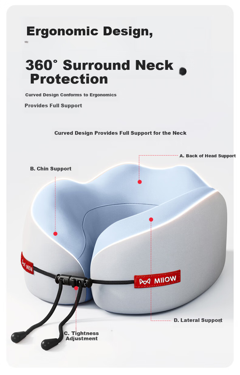 MiiOW Memory Foam U-Shaped Travel Neck Pillow Portable U-Shaped Cervical Support Pillow for Airplane Sleeping 5