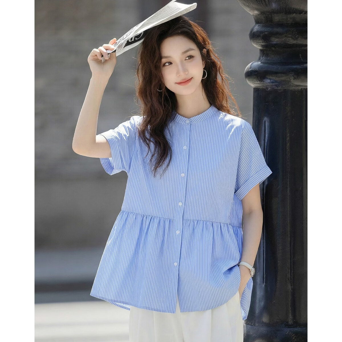 Demana Commuter Aesthetics Summer Refreshing Color-Block Striped Stand Collar Loose Fit Short Sleeve Shirt Women's Top