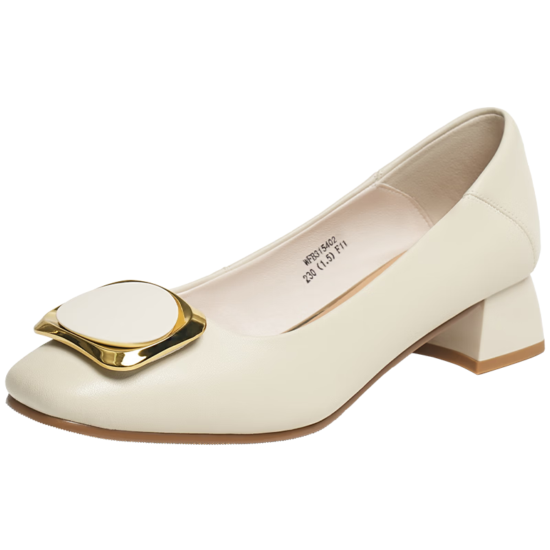 RED DRAGONFLY Spring And Summer Shallow Women's Chunky Heel Chanel-Style Leather Shoes, Professional Commuter Mom Shoes, High Heels WFB31540 Beige 38