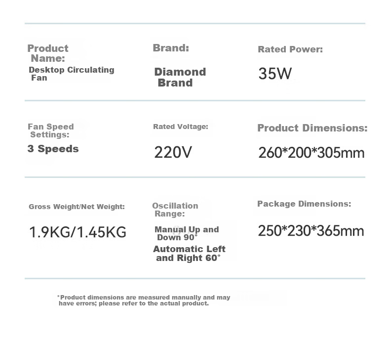 DIAMOND Air Circulation Fan Home Electric Desktop Table Fan High Airflow Oscillating AC Fixed Frequency Quiet Lightweight Fan Bedroom Energy-Saving Small Fan KFX2406J 16