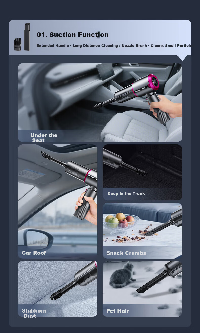 REWONDER German Top Configuration 22000PA Smart Interactive Car Vacuum Cleaner Handheld High Suction Long Battery Life Automotive Vacuum Gray Multifunctional Outdoor 11