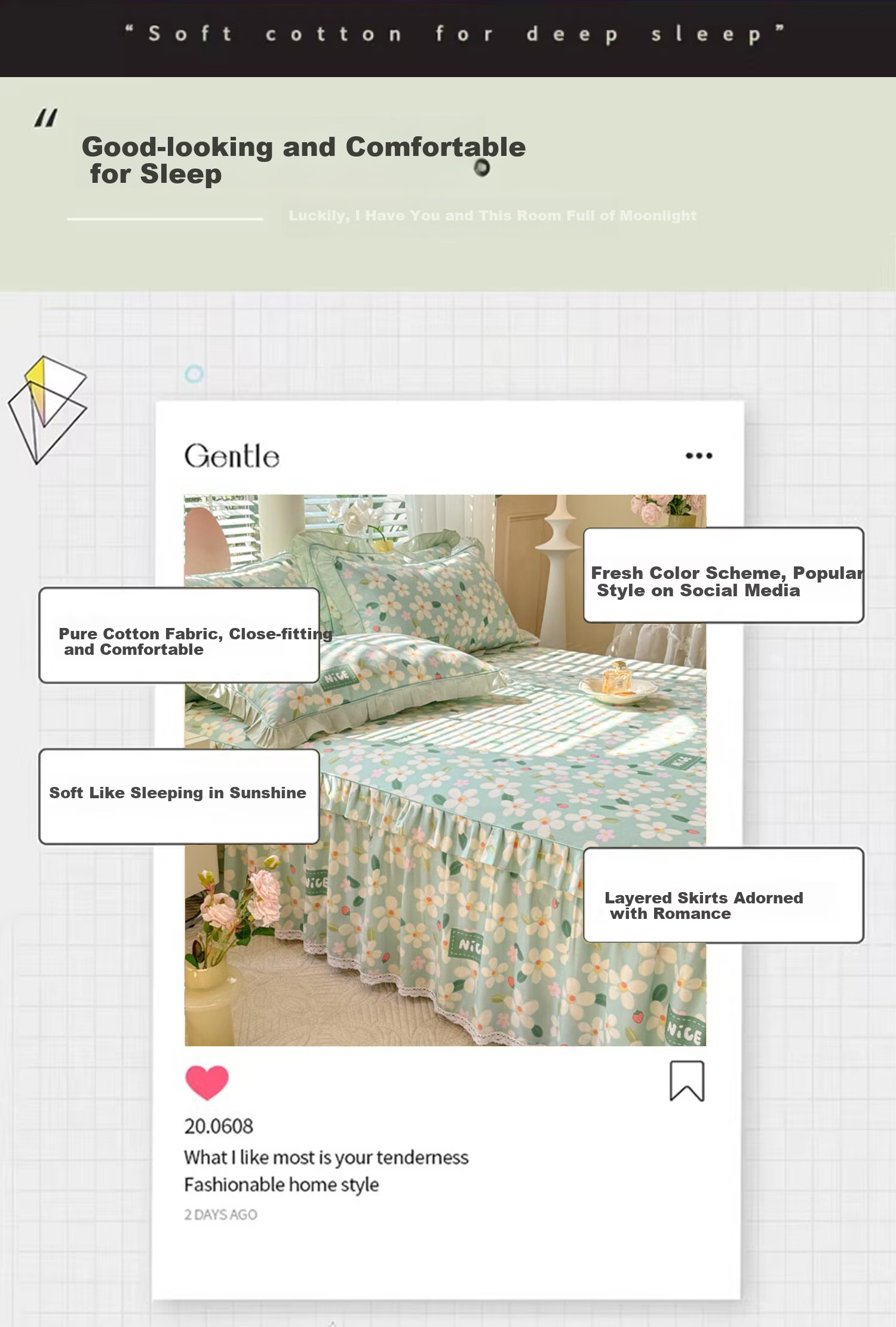 SOMERELLE 100% Cotton Printed Bed Skirt Thickened Lace Princess Style Bed Cover Single Piece 180*200cm 7