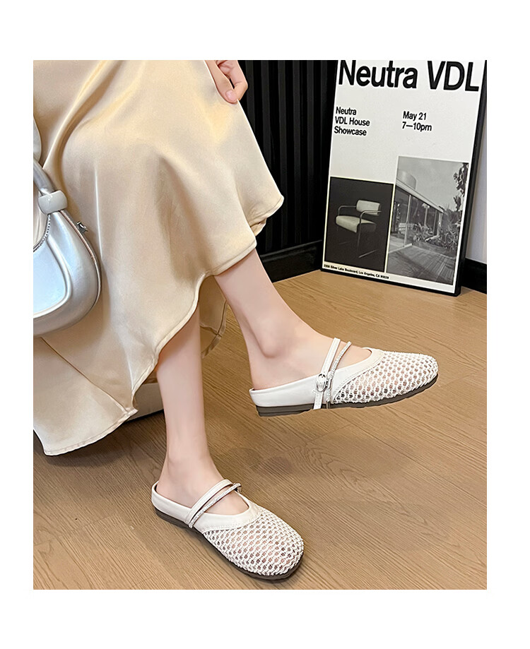 Cartelo Crocodile Women's Summer New Flat Hollow Out Fishnet Breathable Closed Toe Half Slippers Sandals 1788 Off-White Size 38 2