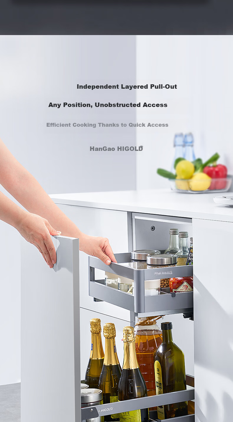 HIGOLD Kitchen Double-Layer Cabinet Spice Rack Drawer-Style 304 Stainless Steel Storage Bowl Basket Seasoning Basket Household Dish Rack 3