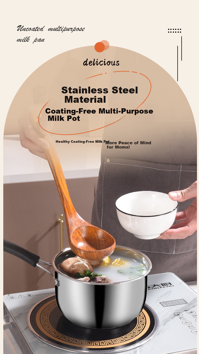 BSITN 20cm Stainless Steel Milk Pot with Steamer Thickened Small Soup Pot Non-Coated Milk Heating Pot Gas Stove Compatible 3618 2