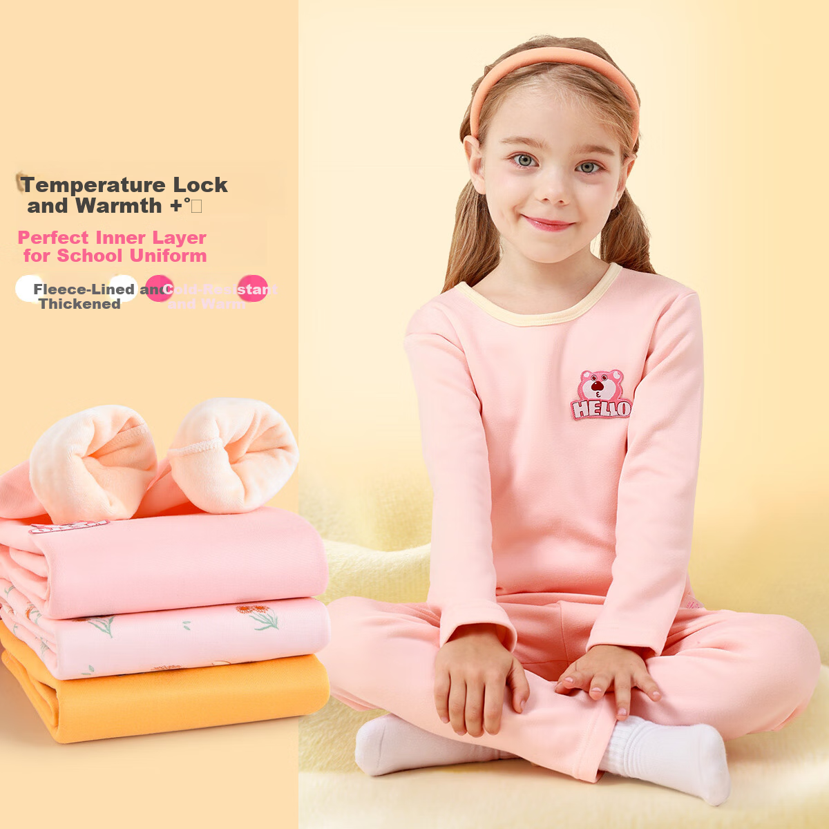 DEESHA Fleece-Lined Thickened Children's Thermal Underwear Set for Girls Autumn Base Layer Pajamas School Uniform Essential