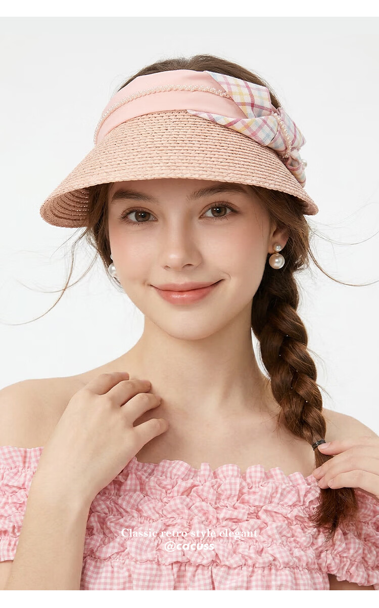 CACUSS Large Brim Open-Top Women's Summer Outdoor Fashion Straw Sun Hat Soft Pink 7