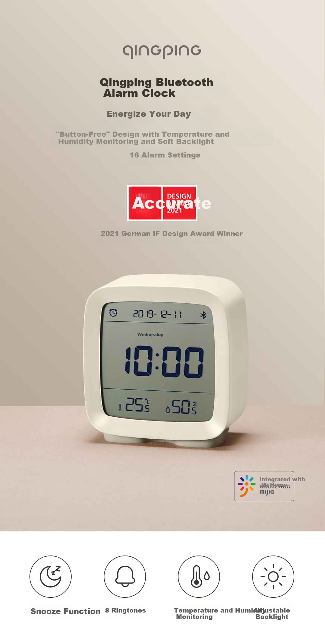 Qingping Bluetooth Smart Alarm Clock Temperature and Humidity Monitor Clock Alarm Clock JD Self-operated Student Alarm Clock Smart Alarm Clock Beige Back to School Season 1
