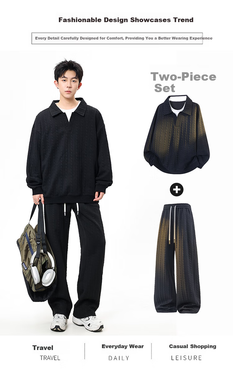 Dingfengbaoluo Men's Spring Loose Comfortable Sports Sweatshirt and Pants Jacquard Casual Two-Piece Set XY12 Apricot 2XL 1