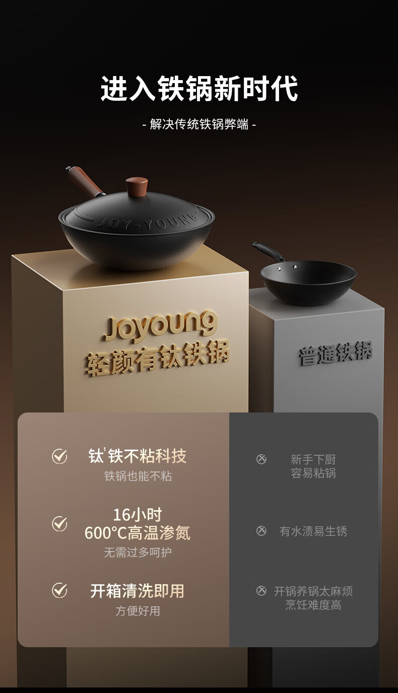 Joyoung 32cm Non-Stick Titanium Iron Frying Pan Wok, Rust-Resistant, Induction and Gas Stove Compatible 2