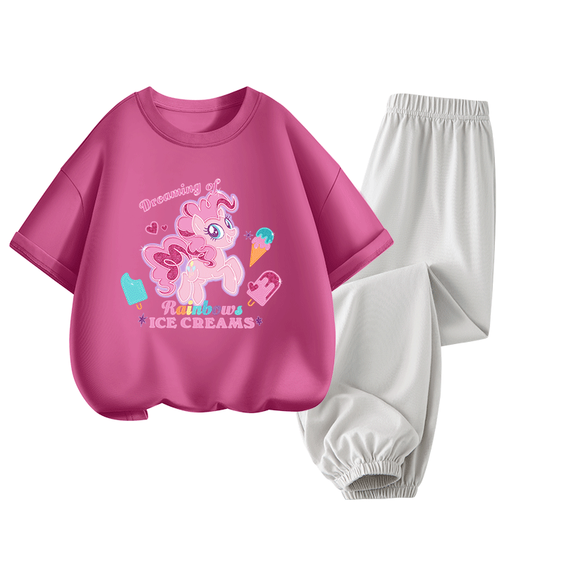 My Little Pony Girls' Summer Set Cotton Short Sleeve Mosquito-Proof Pants Two-Piece Outfit Pink Gray Size 110