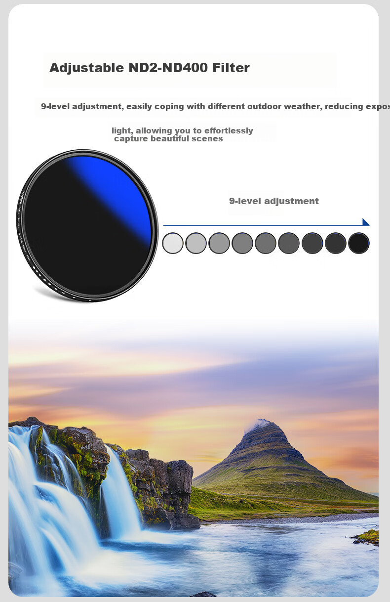 NEEWER Adjustable ND2-32 Neutral Density Filter, 18-Layer Coated Anti-Oil Scratch-Resistant Neutral Density Filter, Multi-Position Neutral Density Camera Filter for Landscape Photography, Adjustable ND Filter 72mm 5
