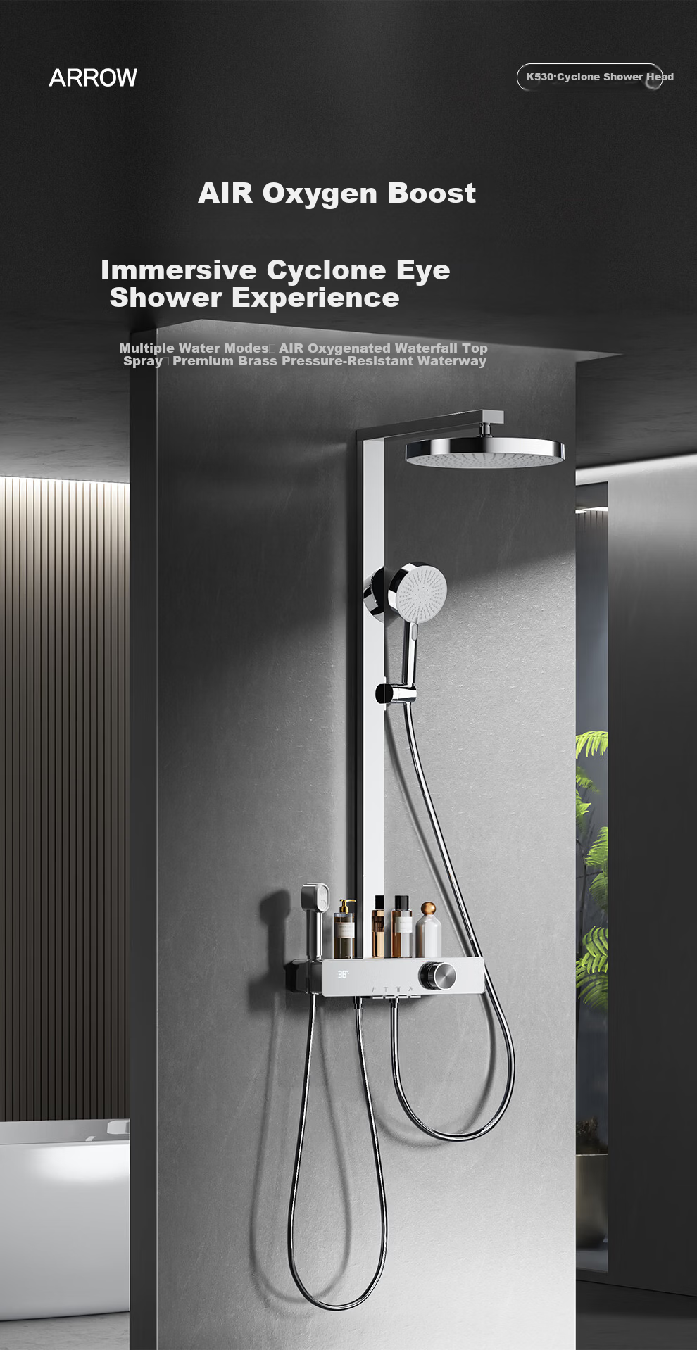 ARROW K530 Shower Set with Large Top Spray, Pressurized Multifunctional Piano Key Digital Display Handheld Shower AE34216MZCP-P 1