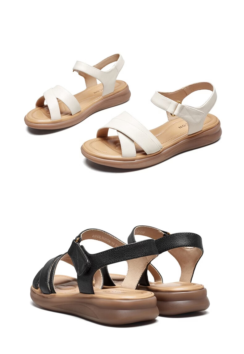 Eierkang Women's Mom Sandals Thick Sole Cowhide Comfortable Soft Low Heels for Middle-aged and Elderly 10986W Off-white Size 35 7