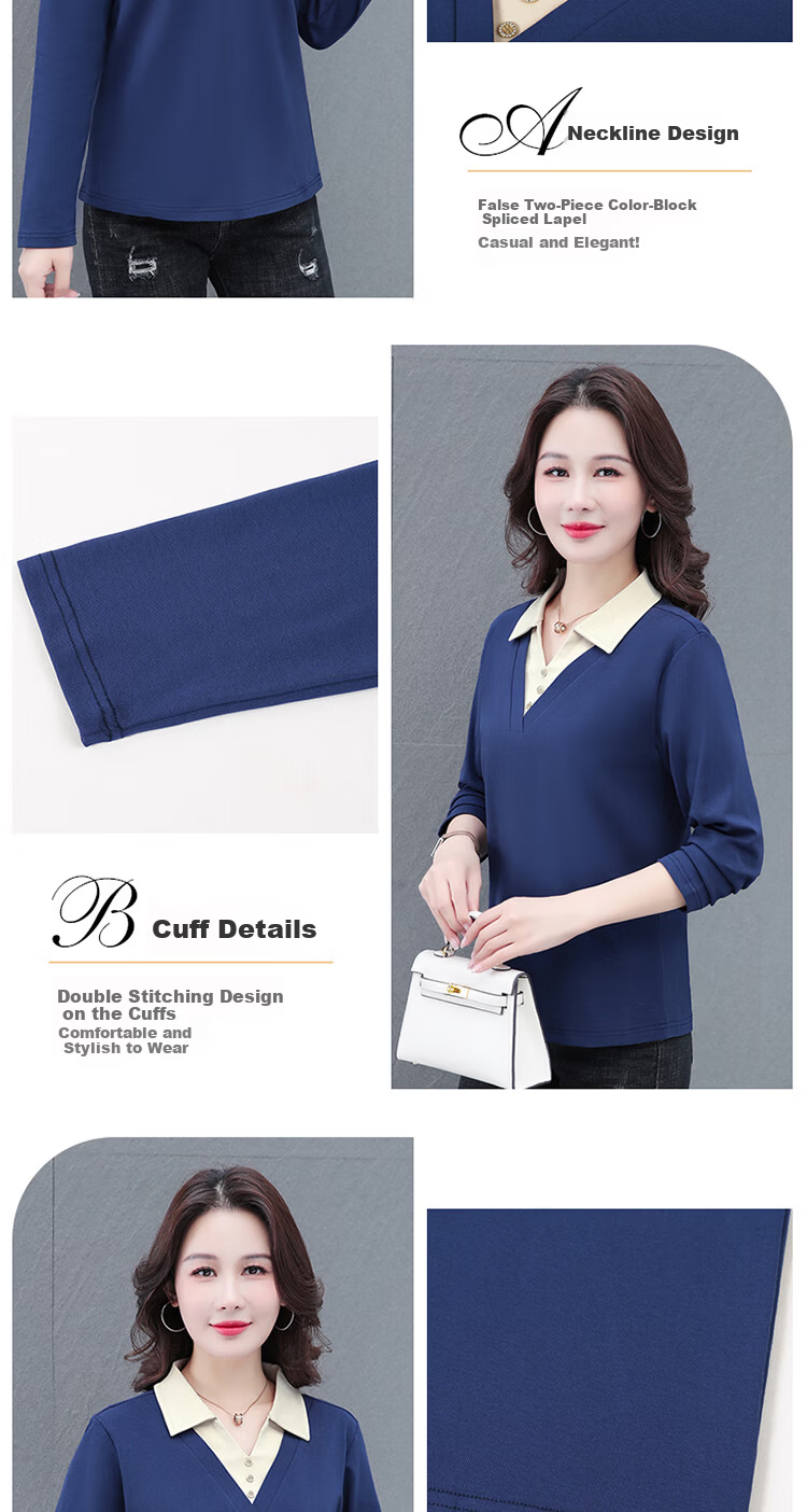 Woodpecker Women's Long Sleeve Polo Shirt Fake Two-Piece Autumn New Large Size Base Shirt Blue 3XL 2