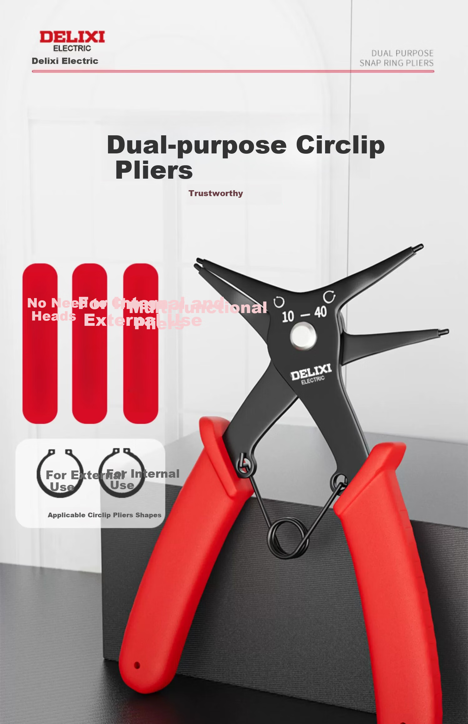 Delixi Dual-Use Snap Ring Pliers Multi-Functional 2-in-1 Internal and External Circlip Pliers Spring Retaining Ring Removal Expansion Pliers 16
