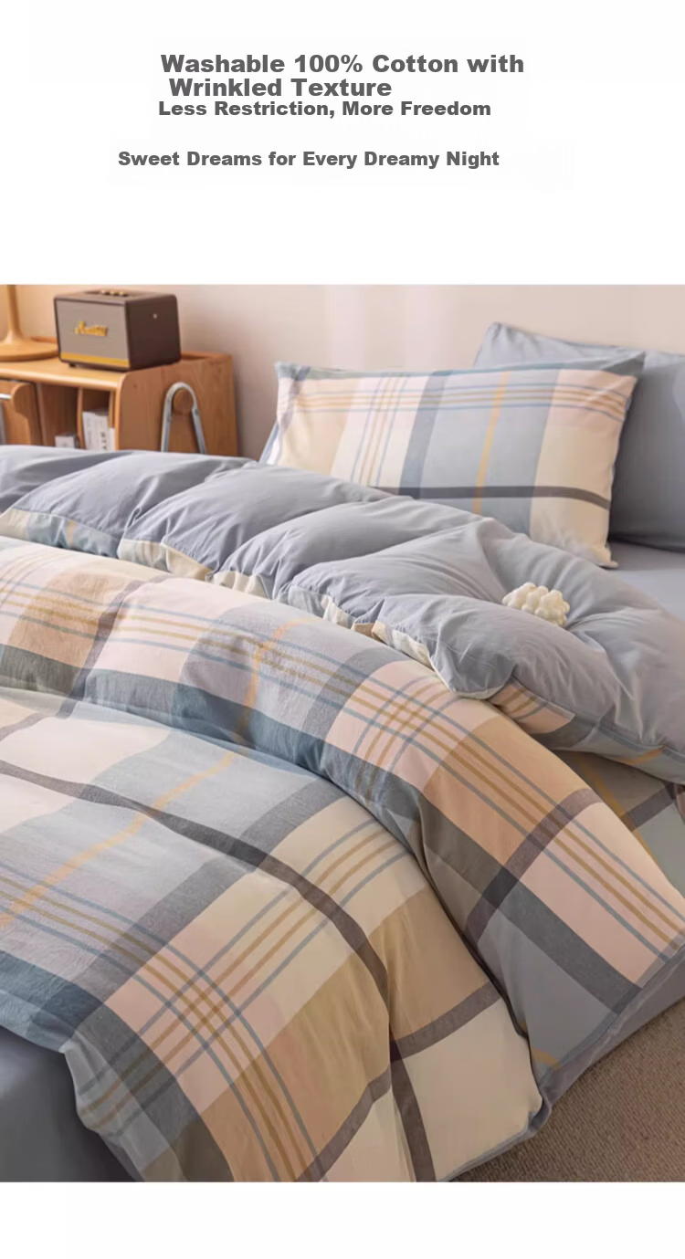 MUJI 100% Cotton Four-Piece Bedding Set Antibacterial AB Version Double-Sided Sheet and Duvet Cover 200x230cm 1.5/1.8m Bed British Blue Plaid 10