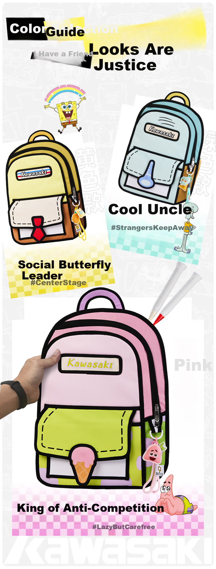 KAWASAKI SpongeBob Collaboration Cartoon Badminton Sports Backpack C8163 SpongeBob Yellow 1