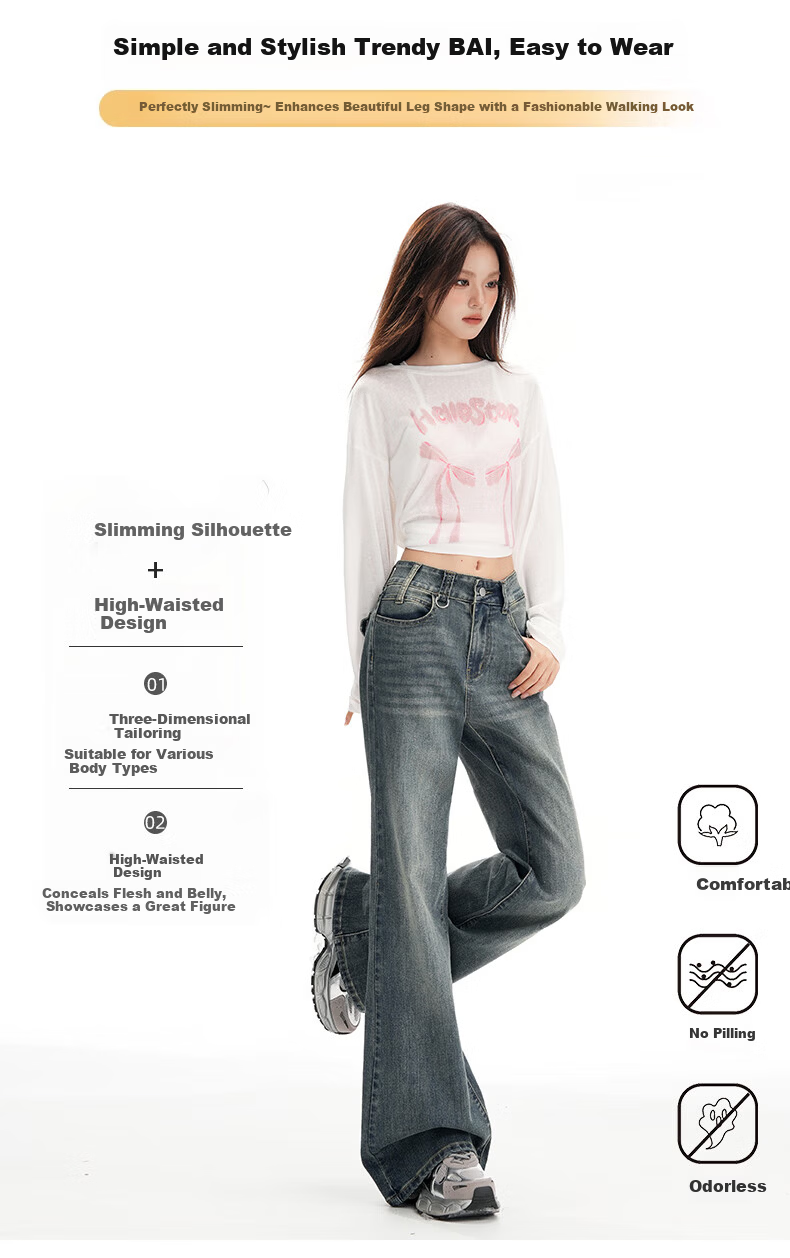 Jeanswest Women's Spring Summer High Street Slim Fit High Waist Straight Wide Leg Flared Floor-Length Jeans Retro Blue M 2