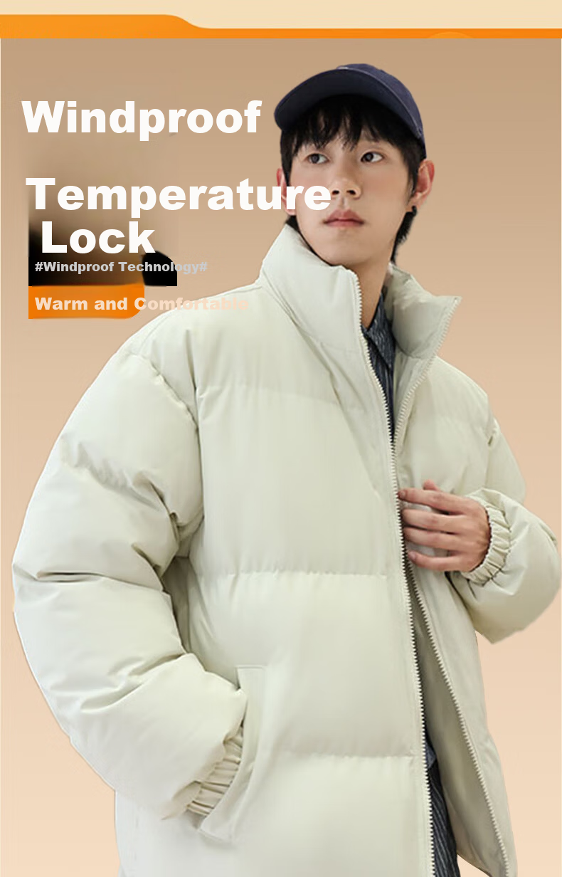 Jeanswest Men's 2025 New Thickened Stand Collar Puffer Jacket Winter Fleece Lined Warm Cotton Coat 4