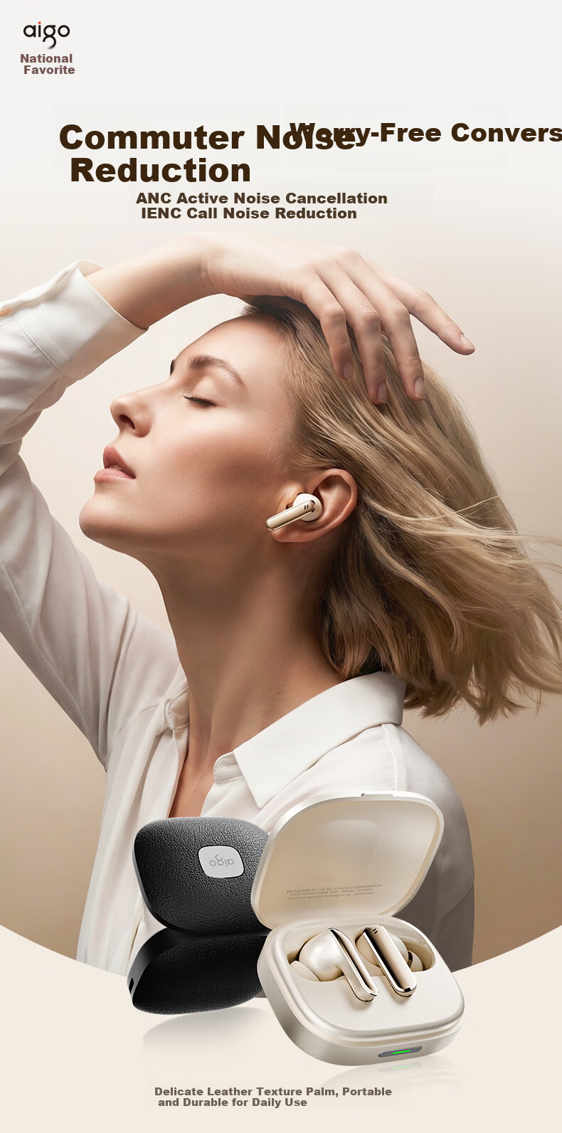 Aigo In-Ear Bluetooth Earphones Active Noise Cancelling Bluetooth 6.0 Business Music HD Call 52H Battery Life Luxury Leather Texture Universal for Xiaomi Apple TA56 Beige 2