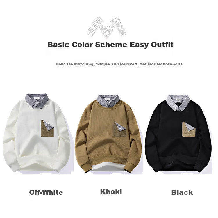 MARK FAIRWHALE Men's Sweatshirt Spring and Autumn Casual Two-in-One Long Sleeve T-Shirt Loose Fit Jacket Base Shirt Off-White XL 2