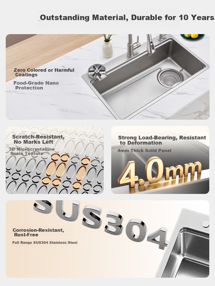 JD Premium Thickened 304 Stainless Steel Grain Texture Nano Kitchen Sink Single Basin 76*46 with Faucet 3