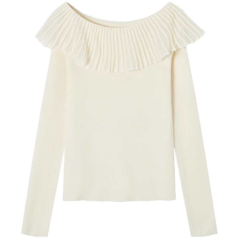 Demana Women's Elegant Spring Off-Shoulder Ruffle Slim Fit Knit Sweater with Mulberry Silk and Wool
