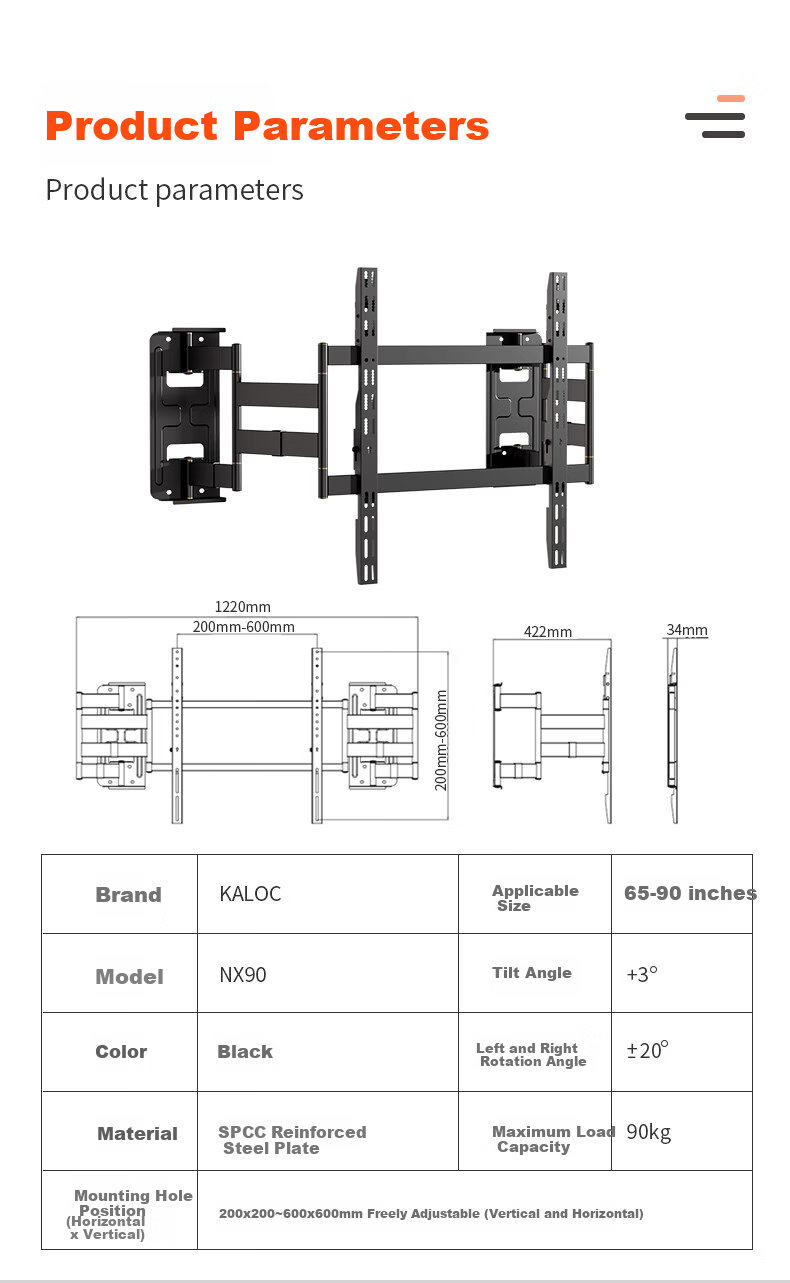 KALOCNX75 Ultra-Thin Embedded Dual-Arm Telescopic TV Wall Mount Bracket for 50-75 Inch Hisense Xiaomi Skyworth TCL TVs 17