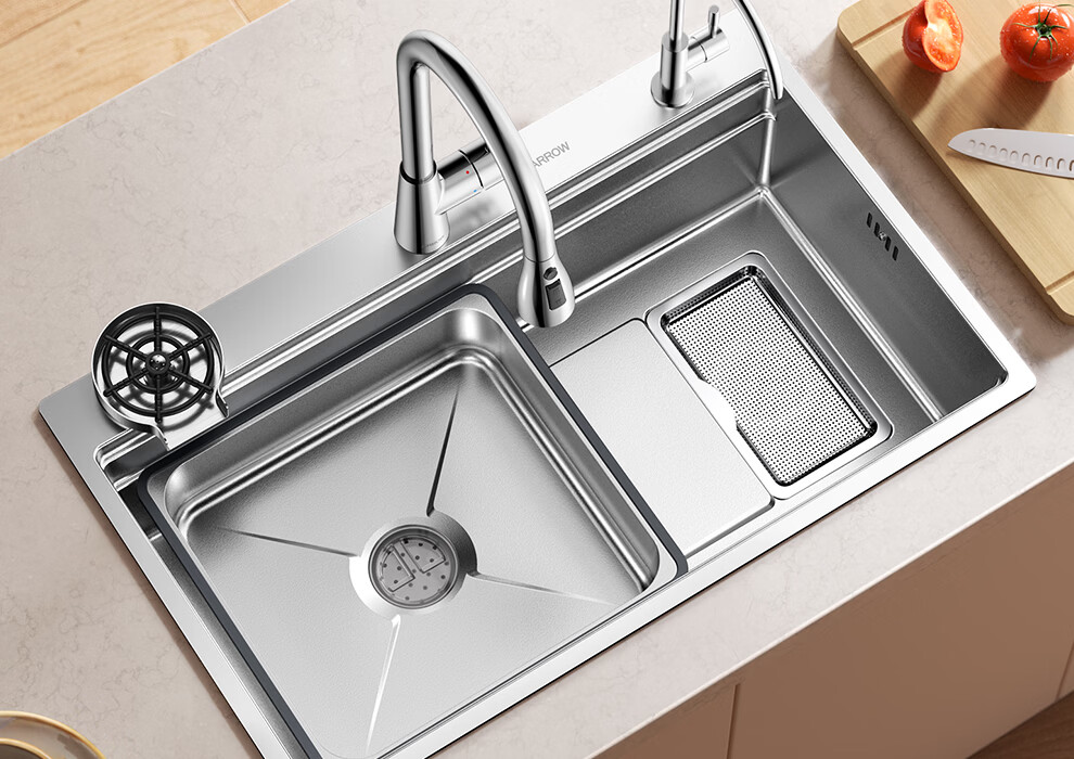 Arrow Brand Baibao Basin Large Single Sink 4MM Thickened Kitchen Vegetable Washing Basin Household 304 Stainless Steel Double Rail Debris Collection Sink 7