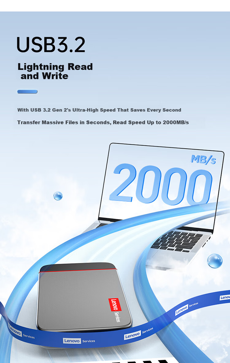 Lenovo 2TB Portable SSD USB 3.2 High-Speed 2000MB/s T2000 Series Compact External Hard Drive Nationwide Warranty 3