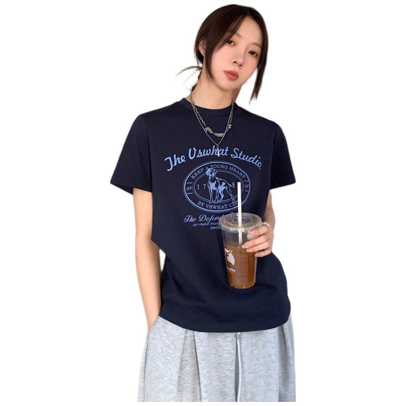 ICH MODE "Puppy Travelogue" Korean Retro College Style Chic Shoulder Short Sleeve T-Shirt Women Casual Top White M