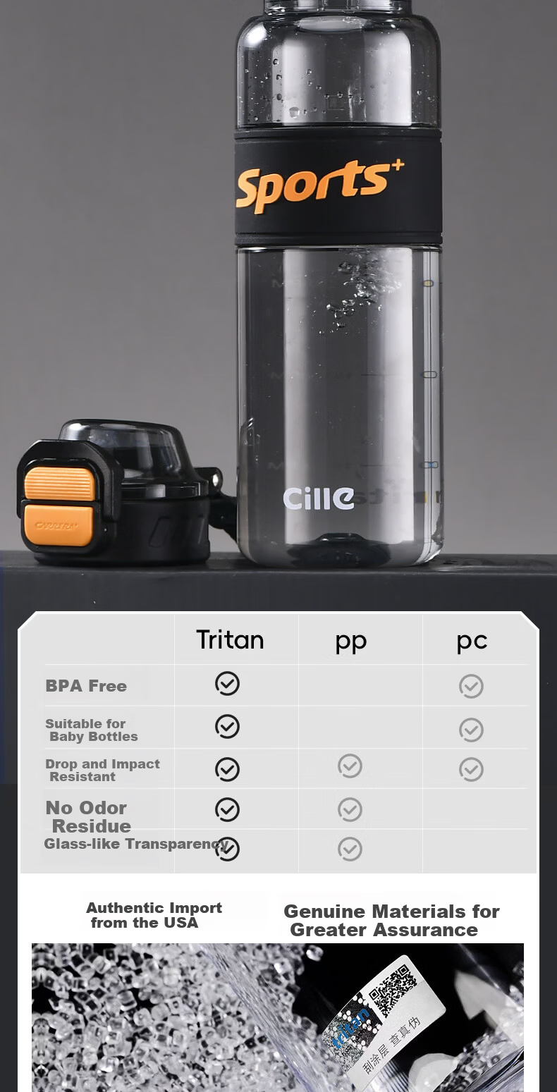 Cille Sports Water Bottle Unisex Outdoor Fitness Large Capacity Tritan High Temperature Resistant Thickened Dual-Drink Portable Cup 6