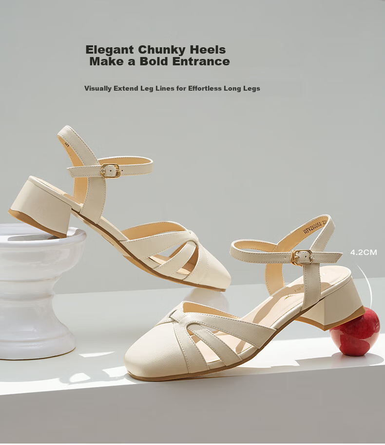 RED DRAGONFLY Women's Sandals, Summer Elegant Chunky Heel Commuter Women's Hollow Shoes WFV25005, Beige, Size 35 5