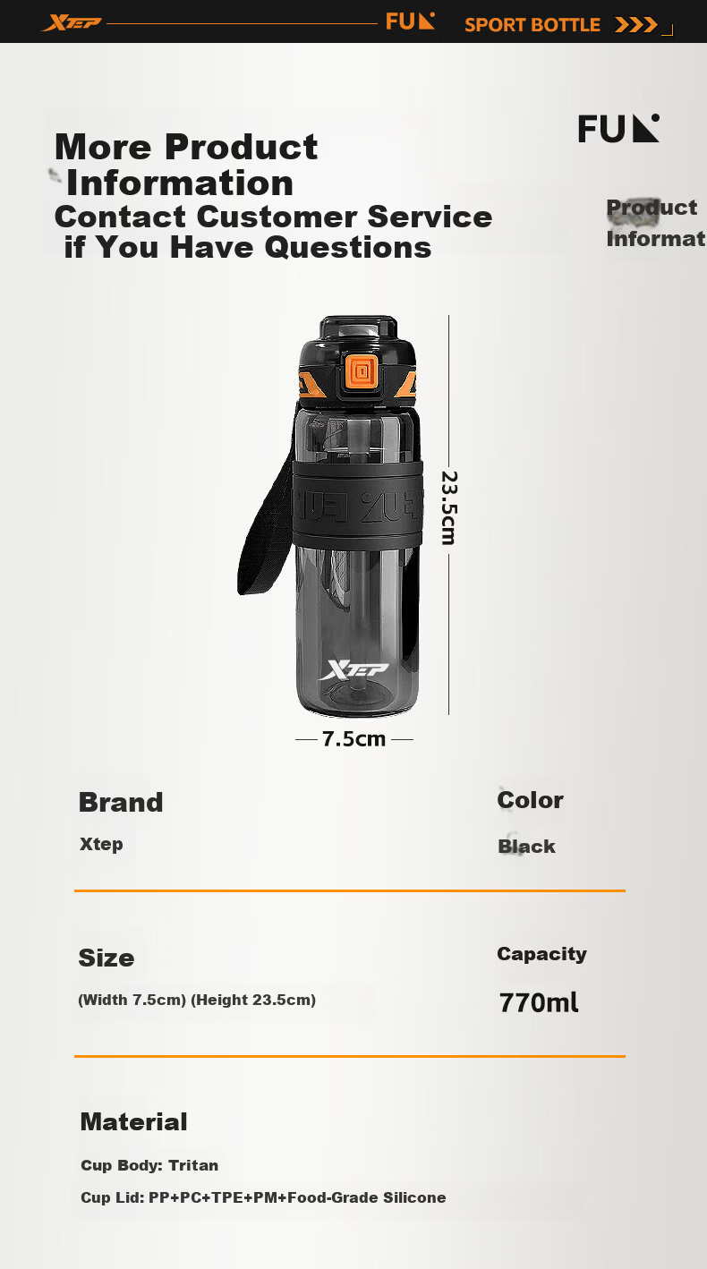 XTEP Sports Water Bottle, Large Capacity, for Students And Children, School Use, Suitable for Men And Women, Fitness Portable Cup, Heat-Resistant, Summer Cup, Black 14