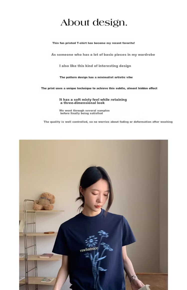 ICH MODE Floral Print Short Sleeve T-Shirt Women Spring Autumn New Korean Style Beautiful Shoulder Tee Navy Blue S 1
