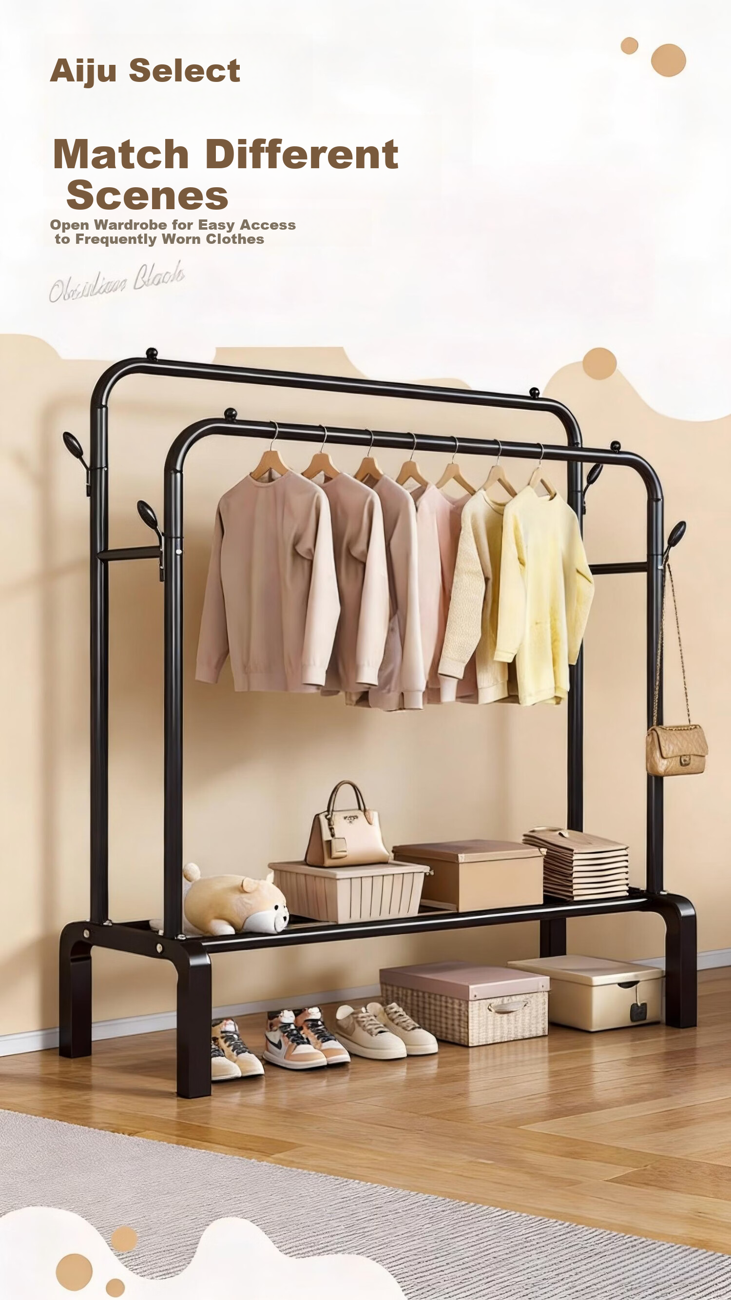 Jiajieshi Floor Standing Coat Rack Bedroom Dedicated Clothes Hanger Dormitory Storage Thickened Double Rod Clothes Drying Rack 1.1m Black 4