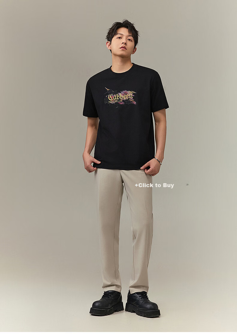 Cabbeen [Gold Label Embroidery] Cool Feeling Printed Short Sleeve T-Shirt Men's 2025 Summer Trendy Crew Neck Top Bleached White Size L 15