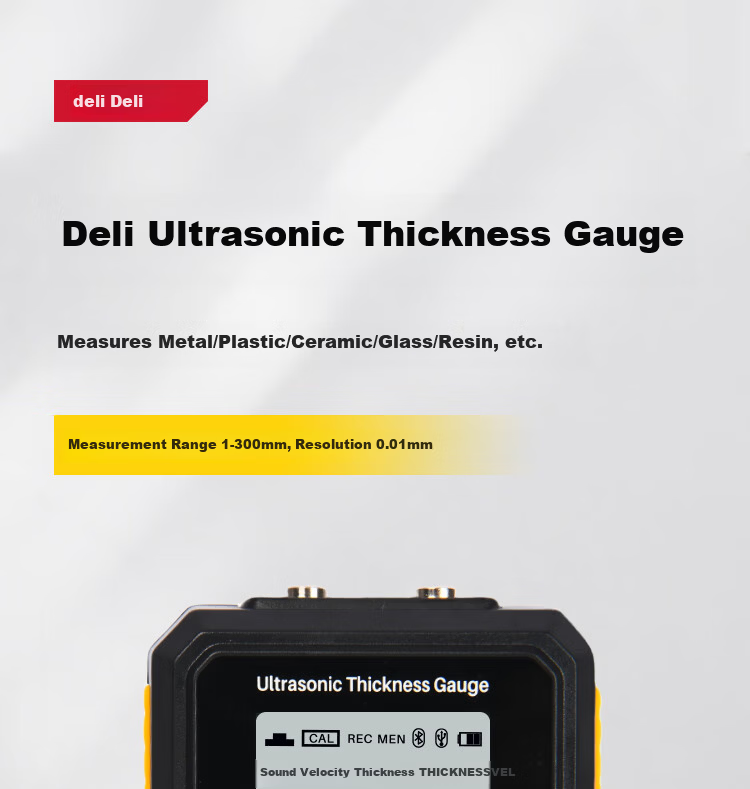 Deli Ultrasonic Thickness Gauge High Precision Steel Pipe Iron Plate Glass Plastic Ceramic Copper Aluminum Thickness Meter 1~300mm 1