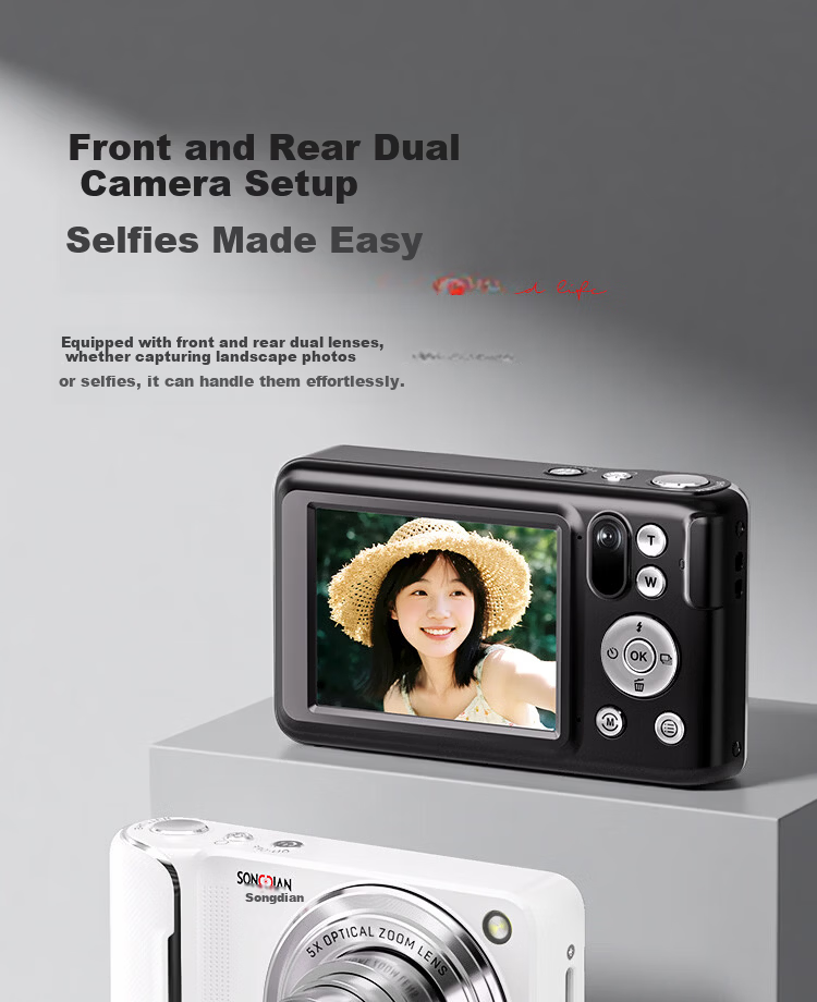 SONGDIAN Digital Camera Optical Zoom Retractable Lens Selfie Vlog Portable Compact Camera 13MP DC309X White 128GB Memory 3