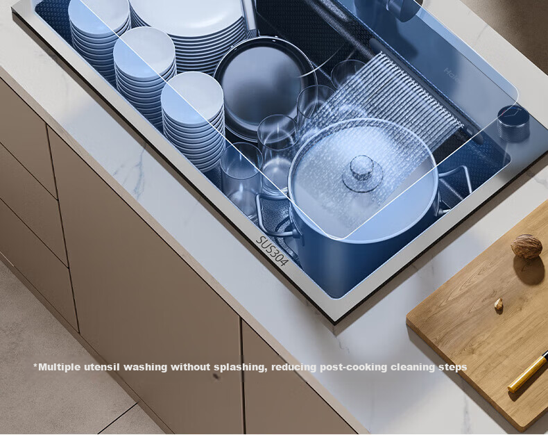 Haier Large Single Bowl Kitchen Sink Thickened 304 Stainless Steel Sink with Strainer and Drain Basket Waterfall Dishwashing Basin 22